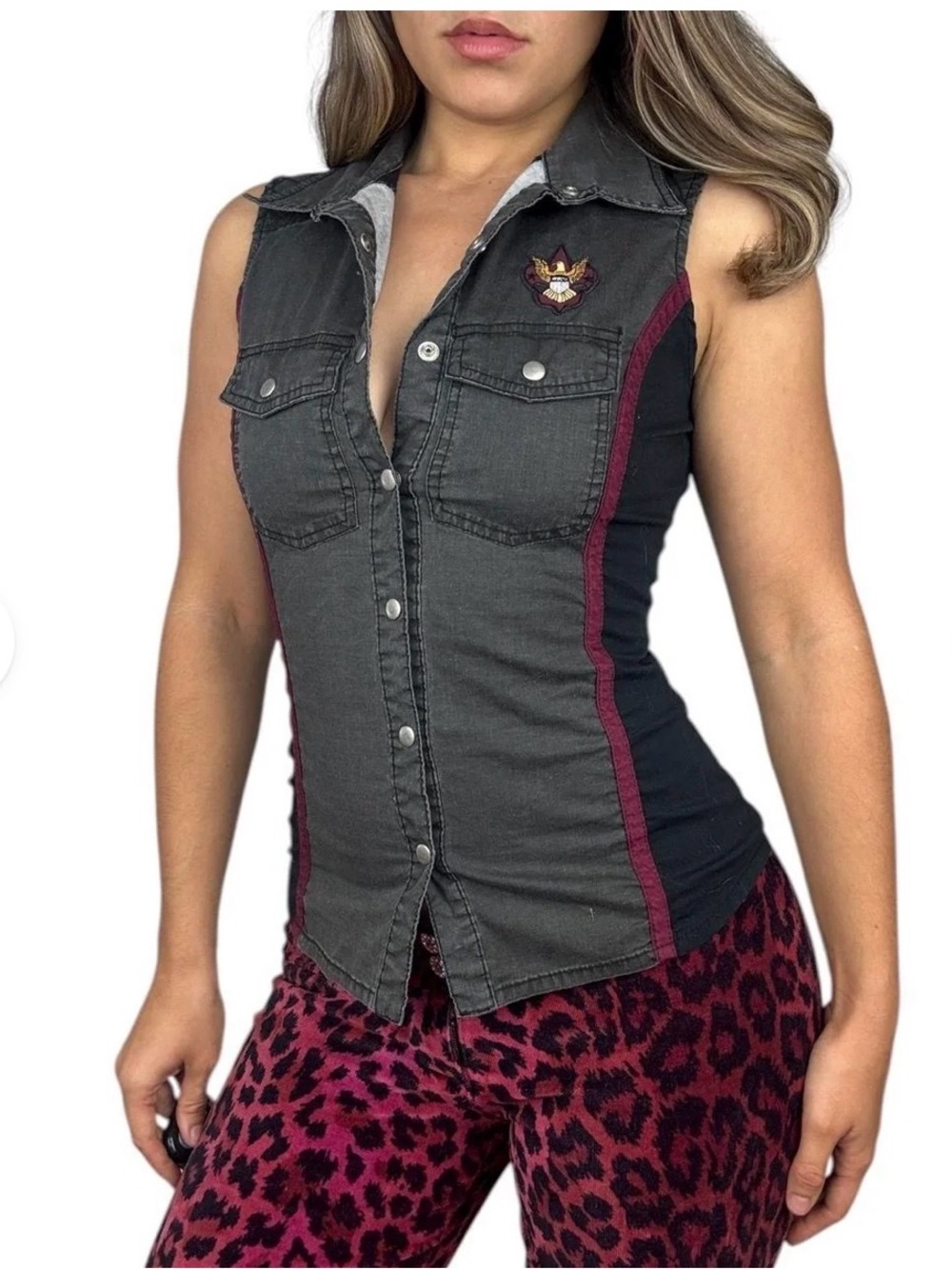 Vintage Large Lip Service Vest Women’s Gray Biker Snap Buttons GUC